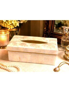 Vintage Capiz Shell Tissue Box Cover Holder Hollywood Regency Storage Coastal